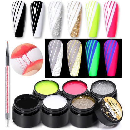 Born Pretty Halloween Spider Nail Gel Polish Neon Gel Nail Polish Reflective Matrix Liner Gel Elastic Drawing Gel Polish for Line with Gel Paint Design Brush Tool Nail Art Wire Drawing Gel 6 Colors