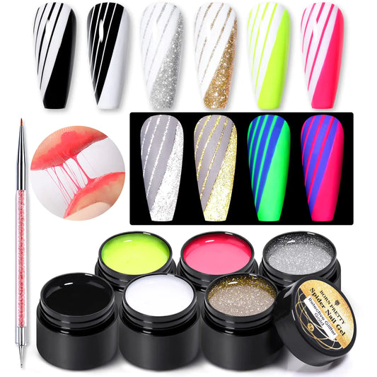 Born Pretty Halloween Spider Nail Gel Polish Neon Gel Nail Polish Reflective Matrix Liner Gel Elastic Drawing Gel Polish for Line with Gel Paint Design Brush Tool Nail Art Wire Drawing Gel 6 Colors